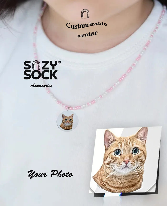 Passionate color Bead Necklace with Custom Avatar Charm - Personalized Photo Jewelry Gift for Her